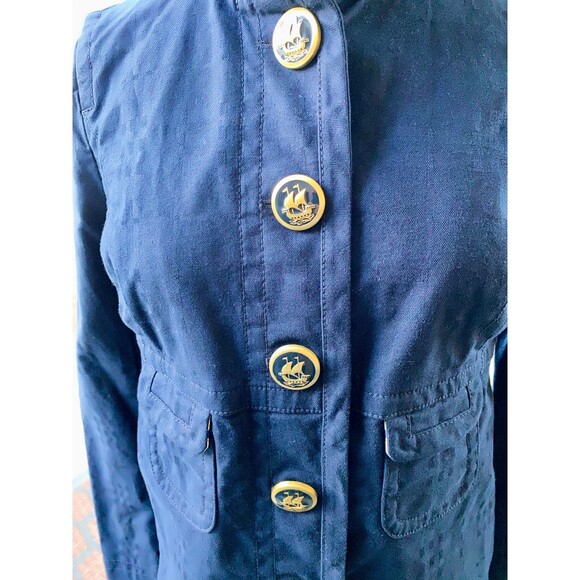 Juicy Couture Y2K Royal Navy Cotton Trench Jacket SZ S Gold & Navy Ship Buttons - Picture 5 of 8